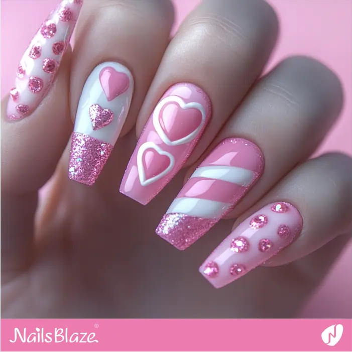 3D Nails with Hearts and Glitter Design | Valentine Candy Heart Nails- NB7414