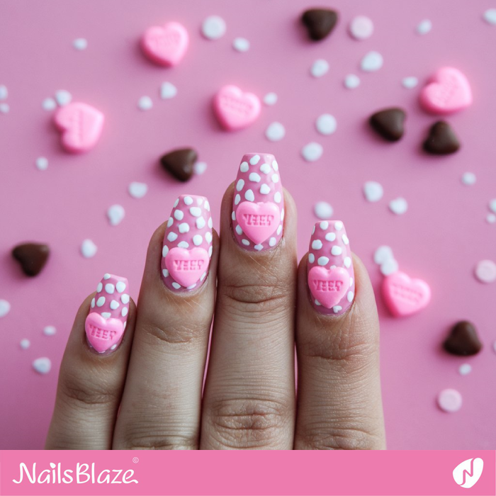 3D Heart Candy Design for Pink Valentine Nails | Valentine