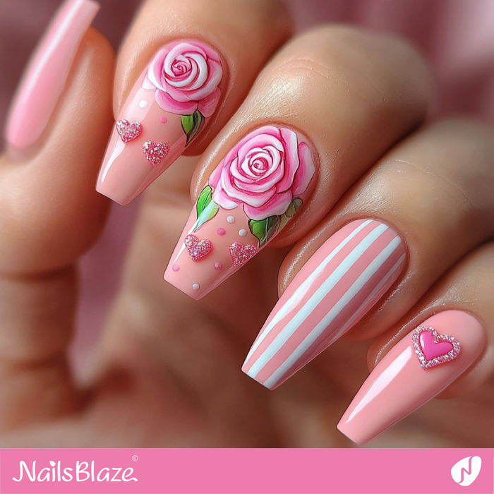 Coffin Nails with Pink Roses for Valentine | Valentine