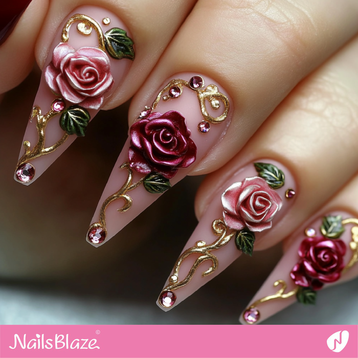 Luxury Nails with 3D Roses for Valentine | Valentine