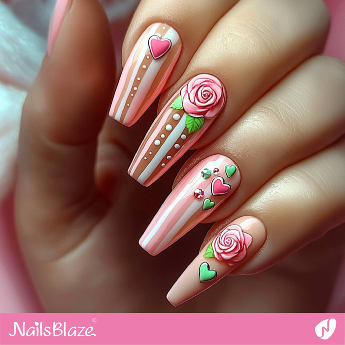 Striped Coffin Nails with Hearts and Roses | Valentine's Rose Nails - NB7164