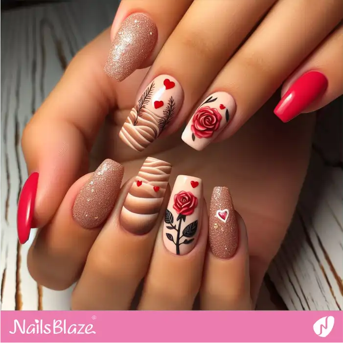 Romantic Red Rose Accent Nails