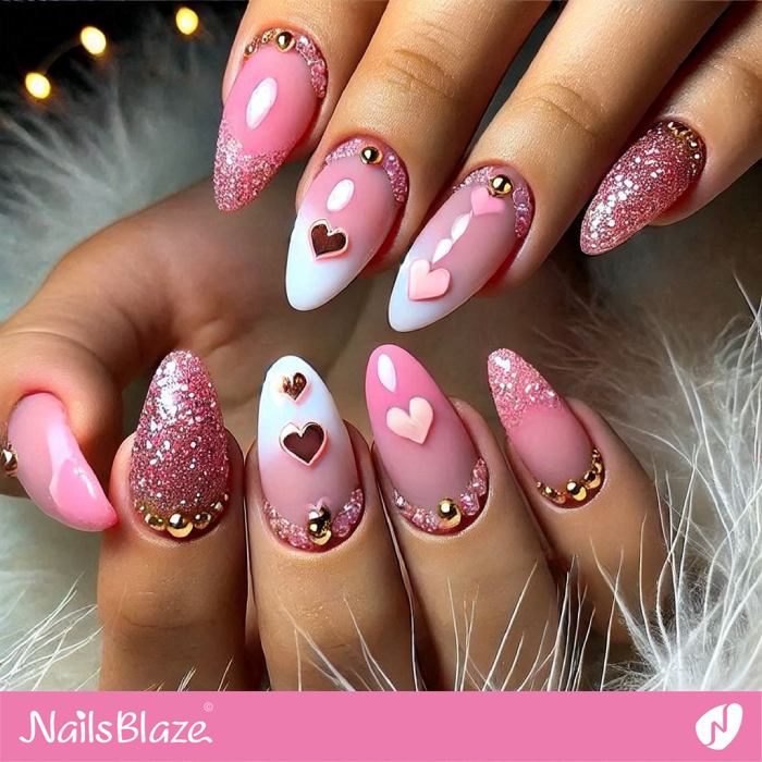 Bling Nails with Hearts for Valentine | Valentine