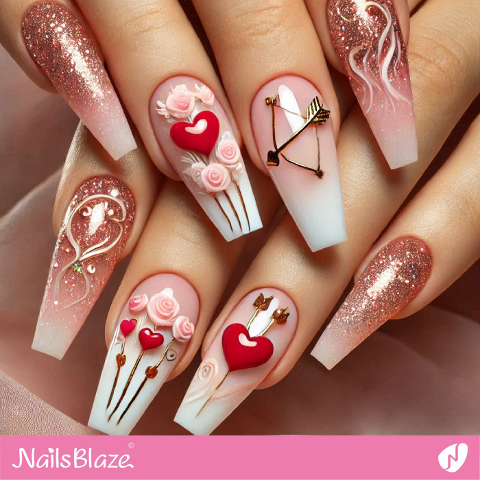 3D Valentine Heart Arrow Nails Design | Valentine's Heart Nails - NB7182