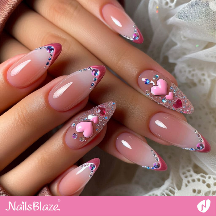 Bling Nails with Pink Tips | Valentine's Heart Nails - NB7184