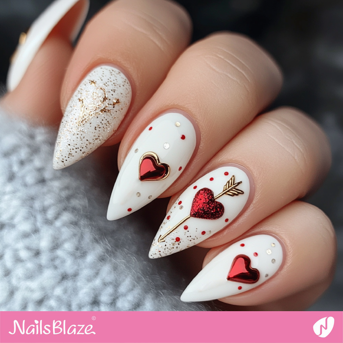 Heart Arrow Design for White Nails | Valentines Heart Nails - NB7185