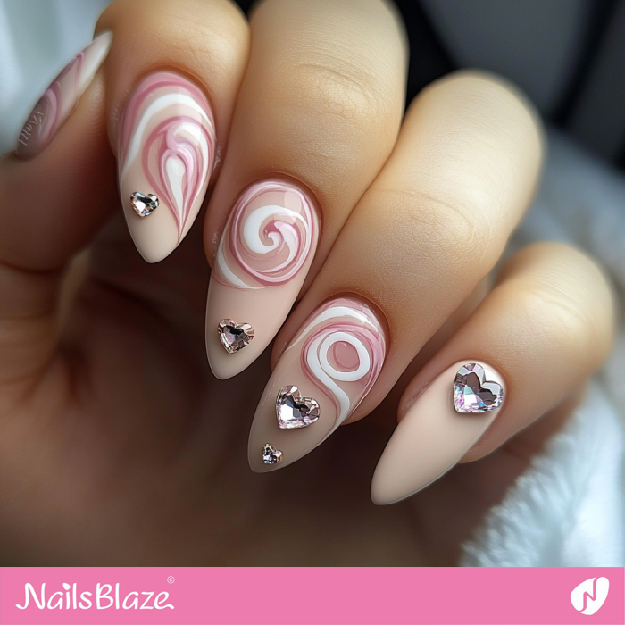 Almond Swirl Nails with Crystal Hearts | Valentine