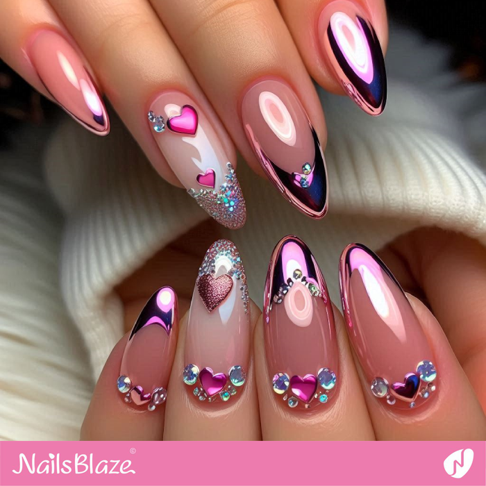 Heart Design for Pink Chrome French Nails | Valentine