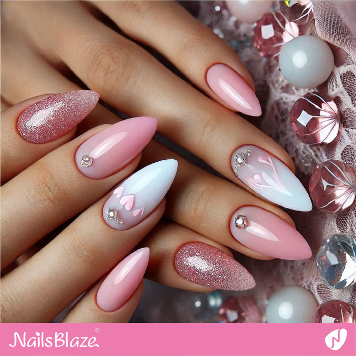 Simple Pink Nails Design with Hearts | Valentine