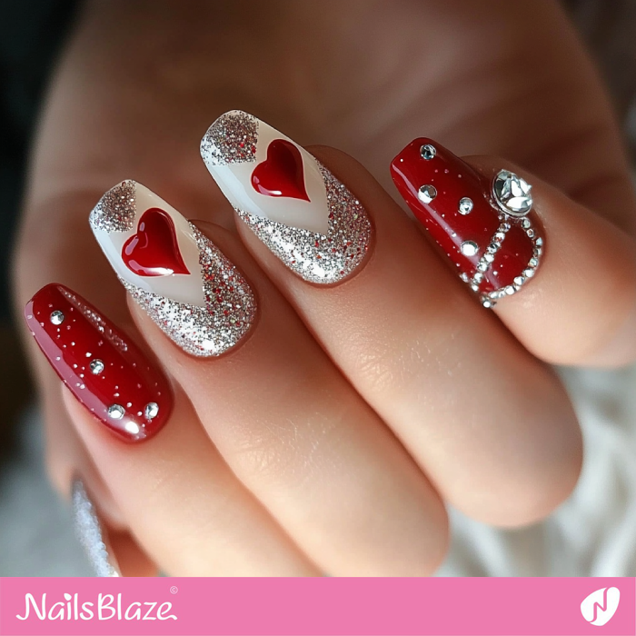 Silver Decoration for Red Valentine Nails | Valentine