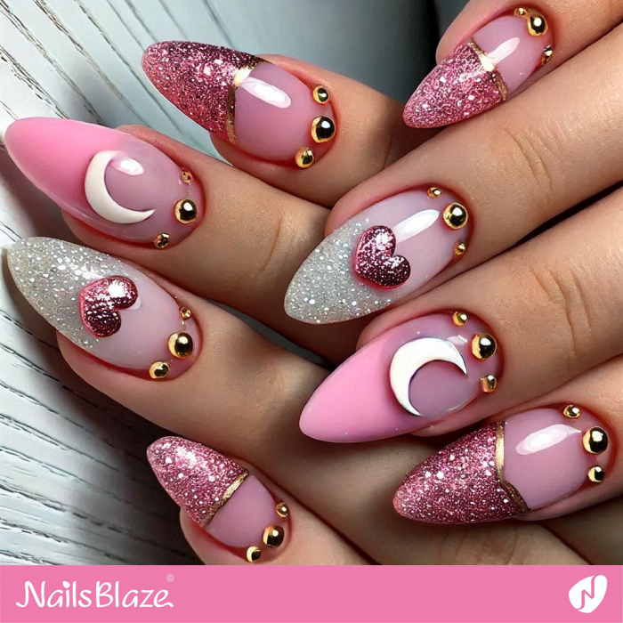 Heart and Moon French Nails Design for Valentine | Valentine's Heart Nails - NB7194