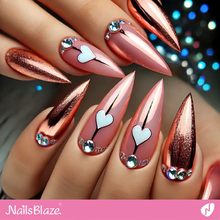 Rhinestone Design for Stiletto Heart Nails | Valentine