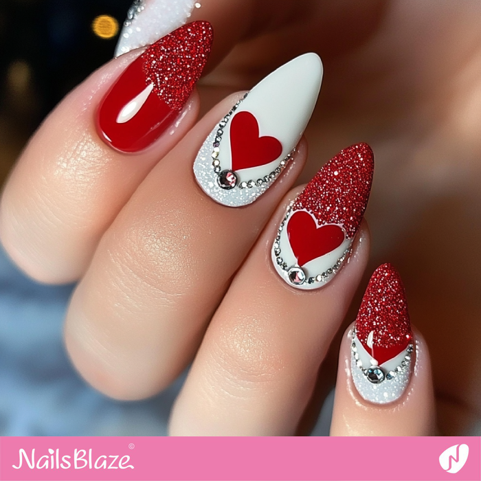 Red and White Glitter Nails with Hearts | Valentine