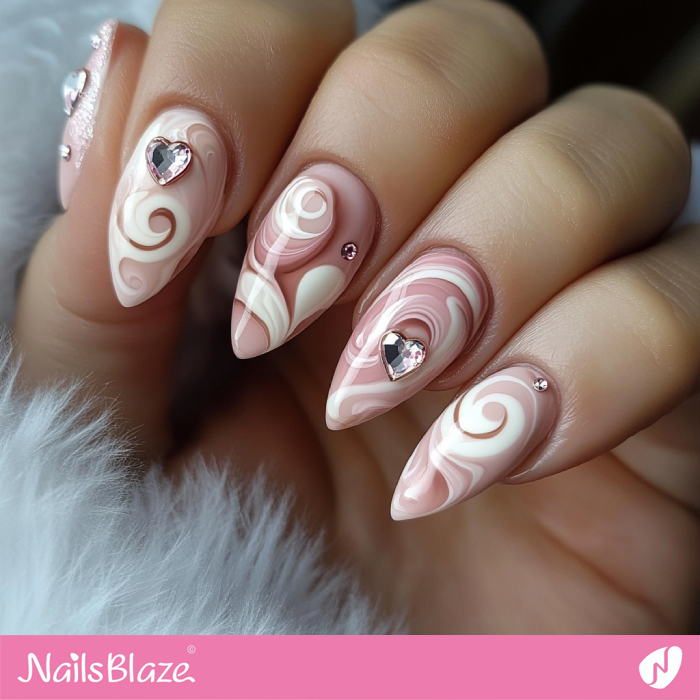 Heart Crystal Design for Neutral Swirl Nails | Valentine