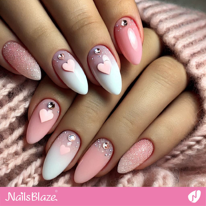 Embellished Pink Ombre Nails | Valentine