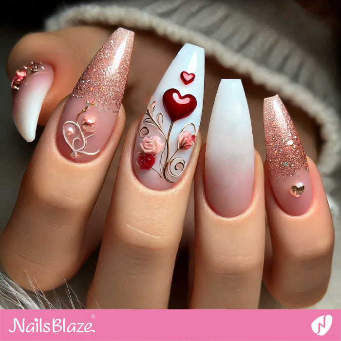 3D Heart and Roses for Ballerina Nails | Valentine's Heart Nails - NB7201