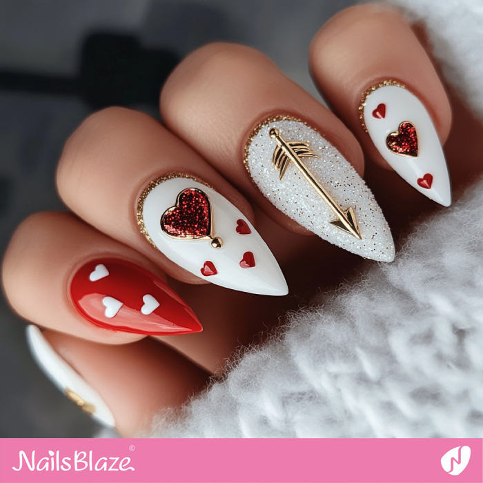 White Nails Heart and Arrow Design | Valentine