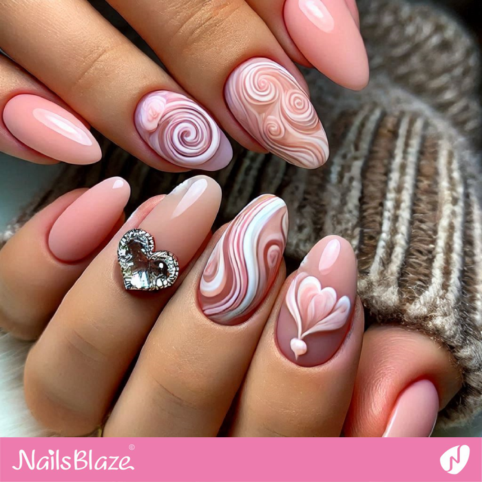 Crystal Heart Accent for Valentine Swirl Nails Design | Valentine