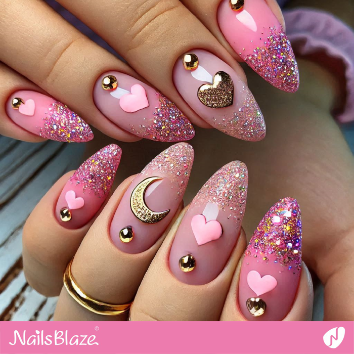 Heart Nails Glitter Tip Design | Valentine