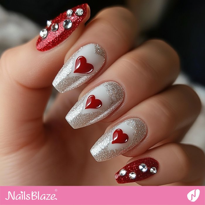 Silver and Red Glitter Design for Heart Nails | Valentine