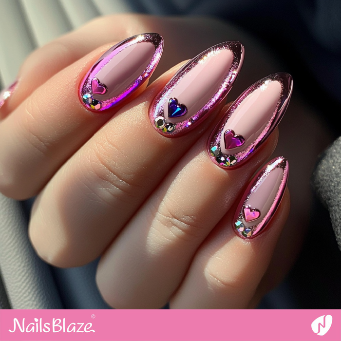 Pink Outline Nails with Crystal Hearts | Valentine