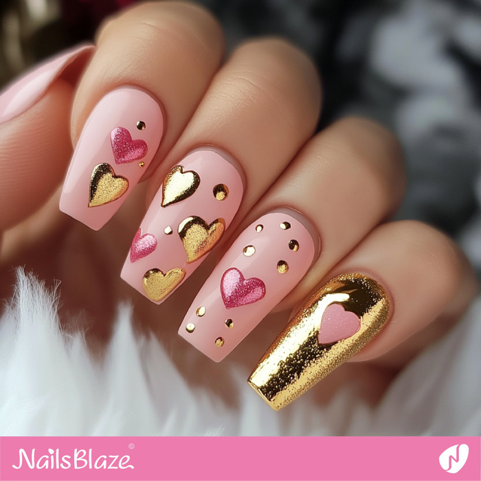 Nails Design with Gold and Pink Hearts | Valentine's Heart Nails - NB7212