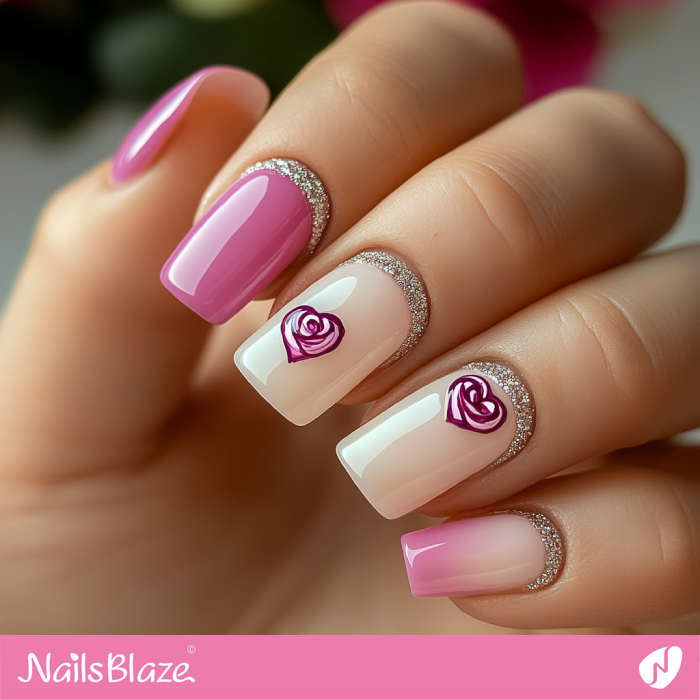 Glitter Cuff for Pink Rose-shaped Heart Nails Design | Valentine Heart Nails- NB7606