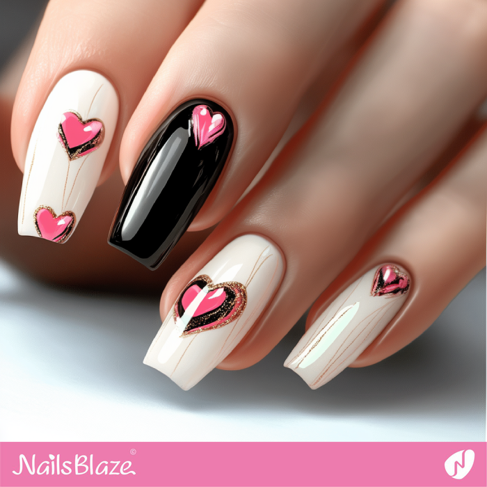 White Valentine Nails with Pink Hearts | Valentine Heart Nails- NB7608