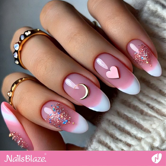 Glitter Design French Nails for Valentine | Valentine's Heart Nails - NB7176