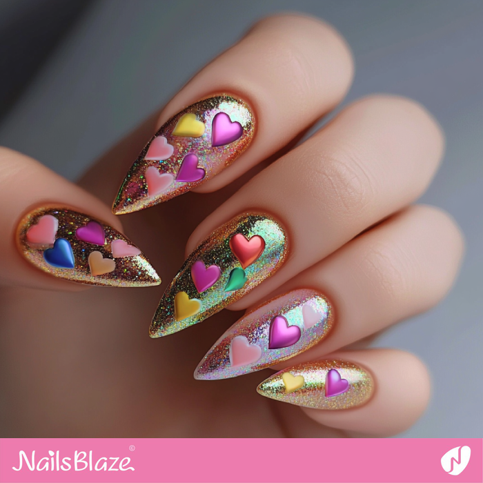 Glitter Nails with Colorful Hearts for Valentine | Valentine