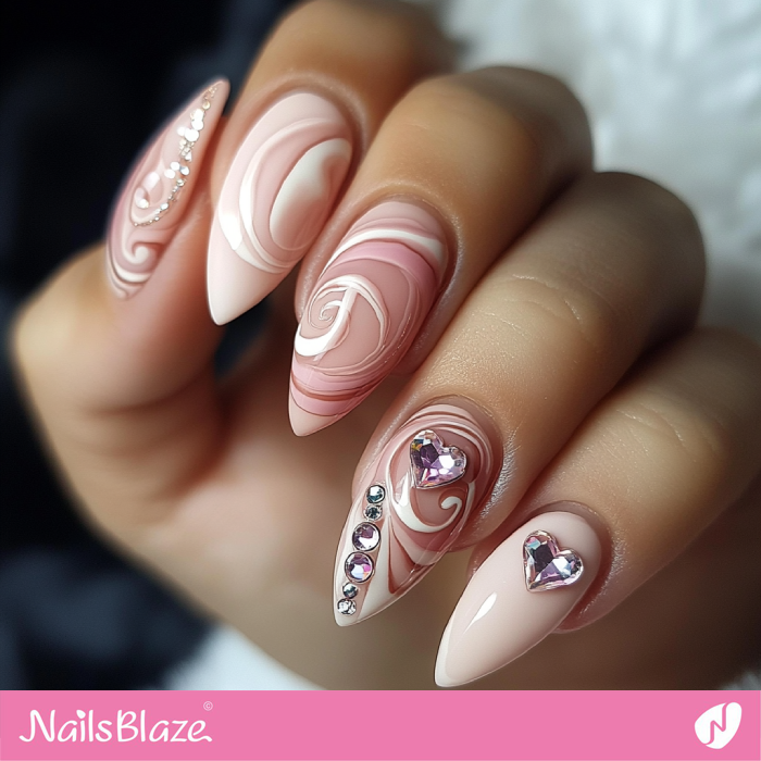 Pink Swirl Nails with Crystal Design | Valentine's Heart Nails - NB7178