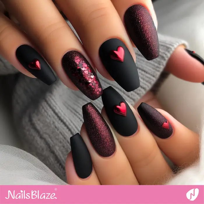 Matte Black Nails with Red Hearts and Confetti Design | Valentine Nails - NB3051