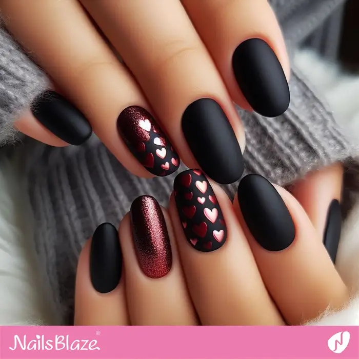 Black and Red Hearts Nails | Valentine Nails - NB3052