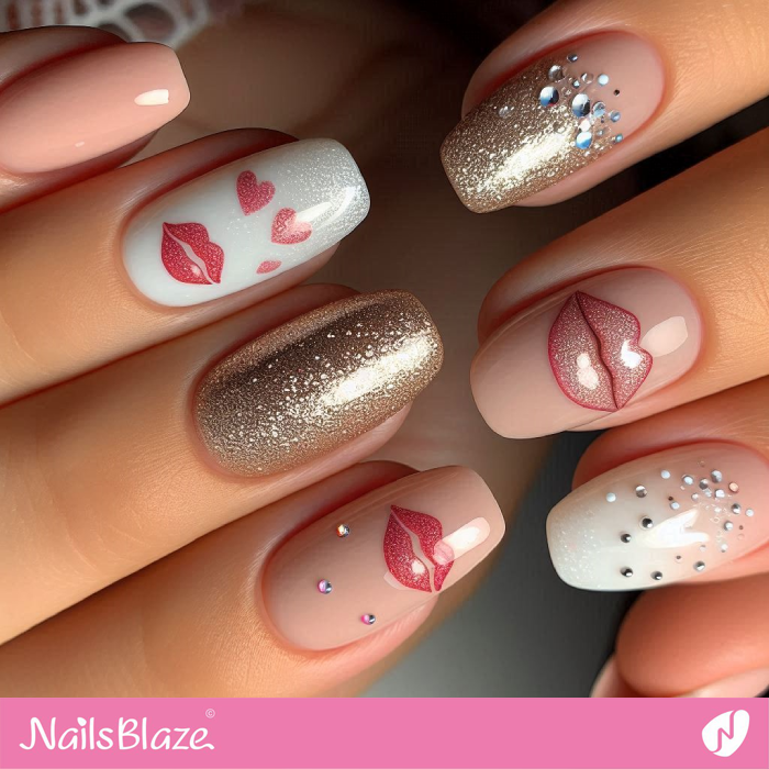 Embellished Nails Kiss Design | Kiss Nails for Valentine - NB7213