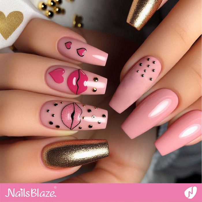 Coffin Valentine Nails with Hearts and Kisses | Kiss Nails for Valentine - NB7222