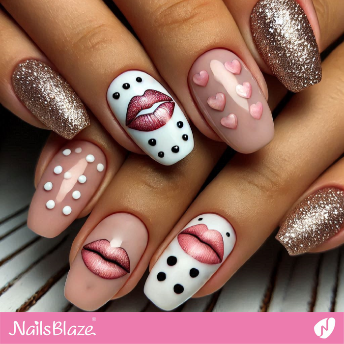 Heart and Kiss Design for Short Nails | Kiss Nails for Valentine - NB7223