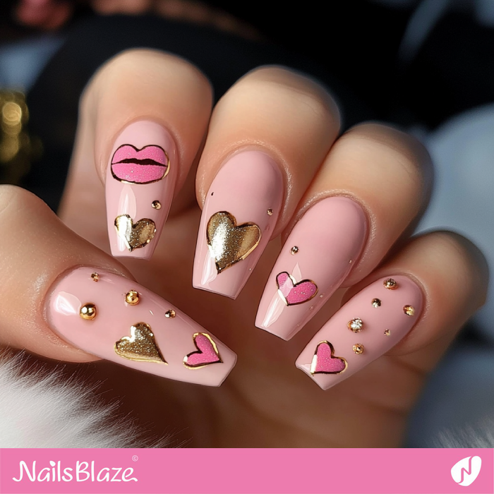 Baby Pink Heart Nails with Kiss Accent | Kiss Nails for Valentine - NB7225