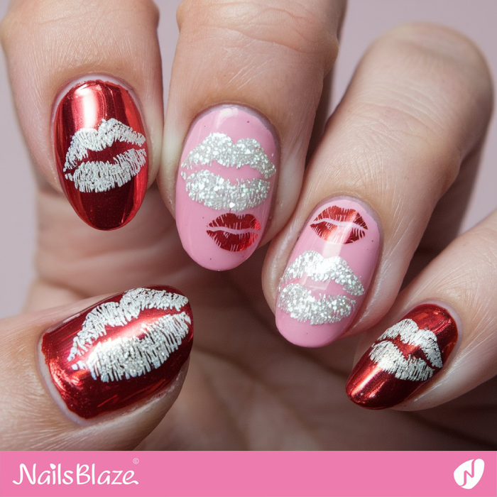 Pink and Red Nails Kiss Design | Kiss Nails for Valentine - NB7216