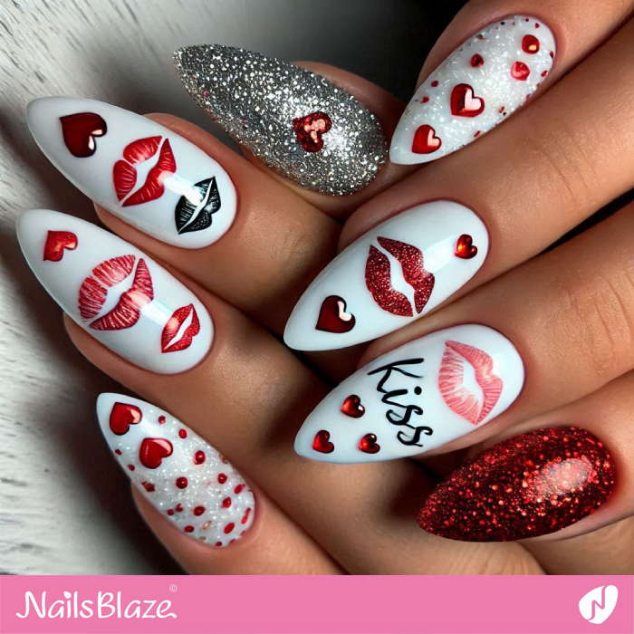 Kiss and Heart Design for Embellished White Nails | Kiss Nails for Valentine - NB7218