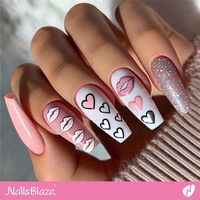 X-long Kiss and Heart Nails Design | Kiss Nails for Valentine - NB7219