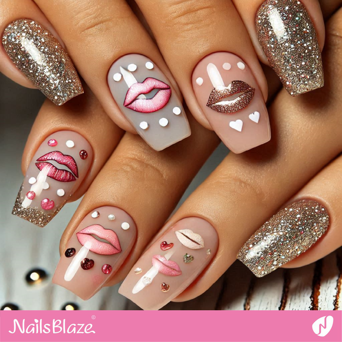 Short Kiss Nails Design with Glitter | Kiss Nails for Valentine - NB7220