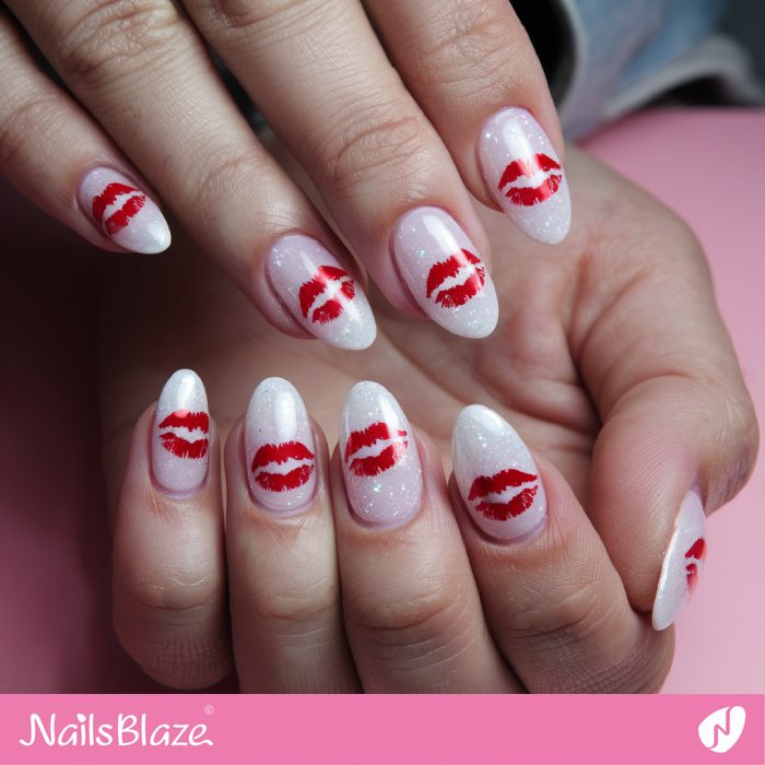 White Oval Nails Simple Kiss Design | Kiss Nails for Valentine - NB7221