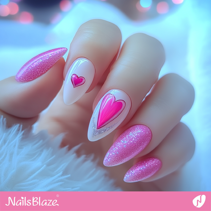 Hot Pink Hearts and Glitter Nails | Pink Valentine