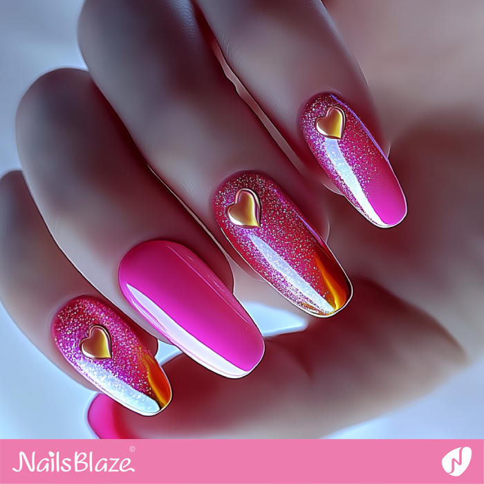 Gold Hearts Design for Neon Pink Nails | Pink Valentine