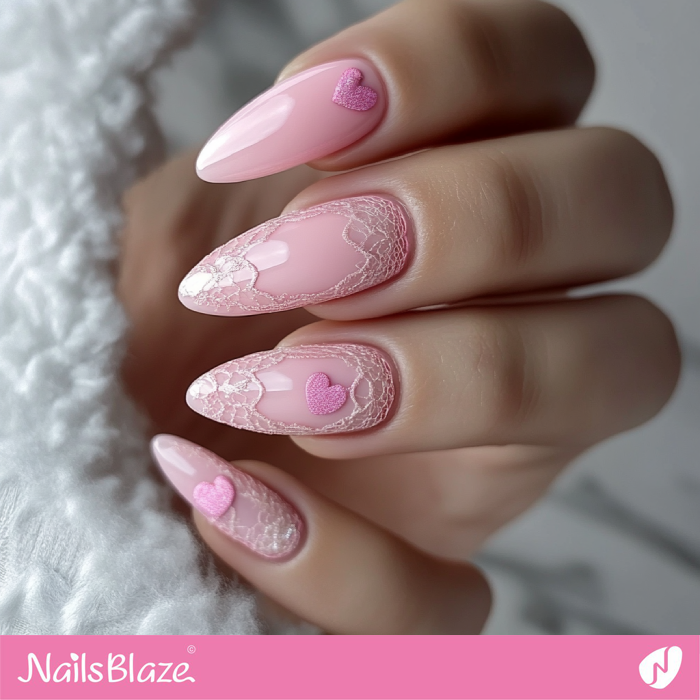 Pink Nails Heart and Lace Design | Pink Valentine's Nails - NB7252