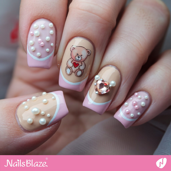 Embellished Double French Nails for Valentine | Teddy Nails for Valentine - NB7226