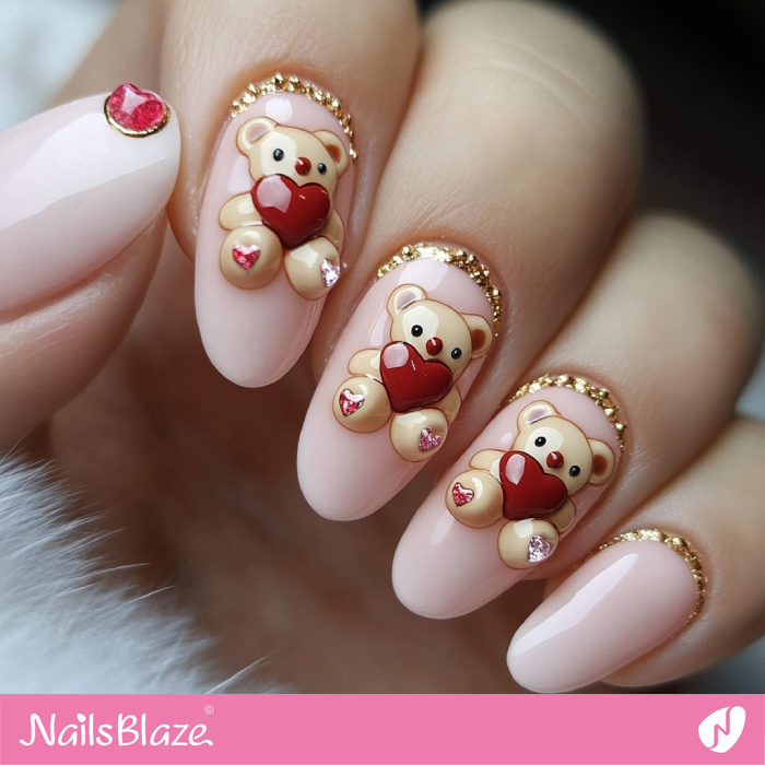 Valentine's Day Teddy Bear with Heart Nails Design | Teddy Nails for Valentine - NB7227