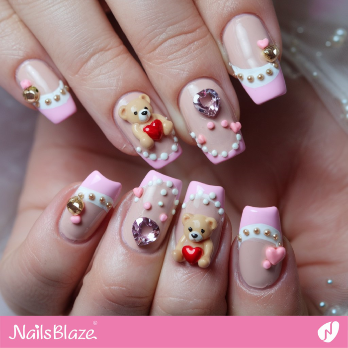 3D Teddy Bear Design for Double French Nails | Teddy Nails for Valentine - NB7228