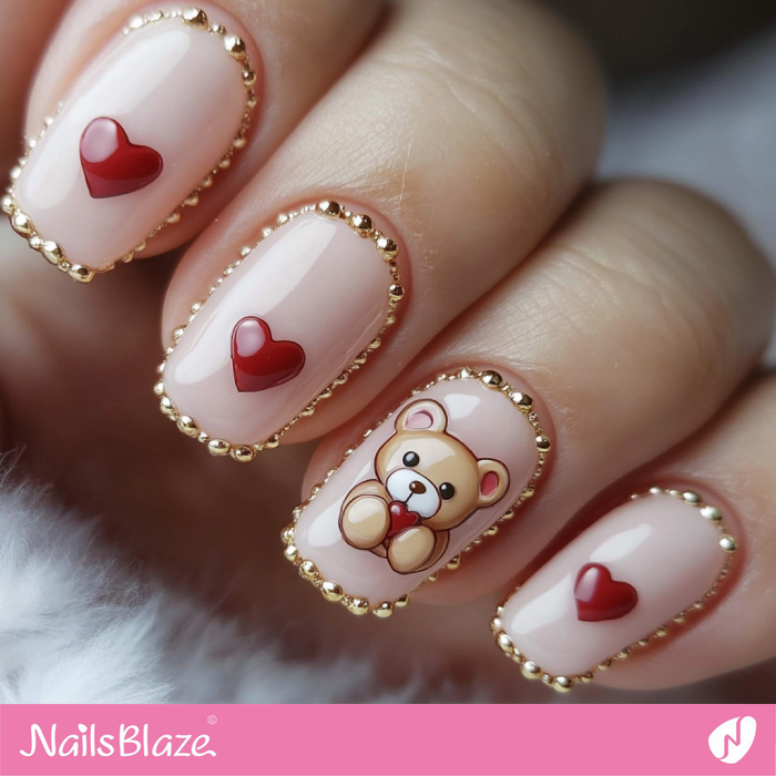 Cute Teddy Bear Nails Outline Design | Teddy Nails for Valentine - NB7229