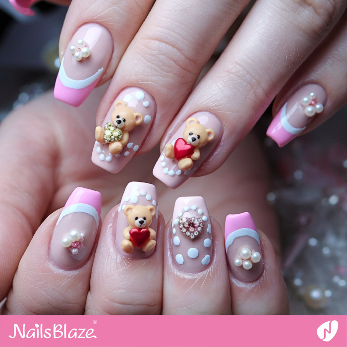 3D Teddy Bear and Pearl Nails Design | Teddy Nails for Valentine - NB7230